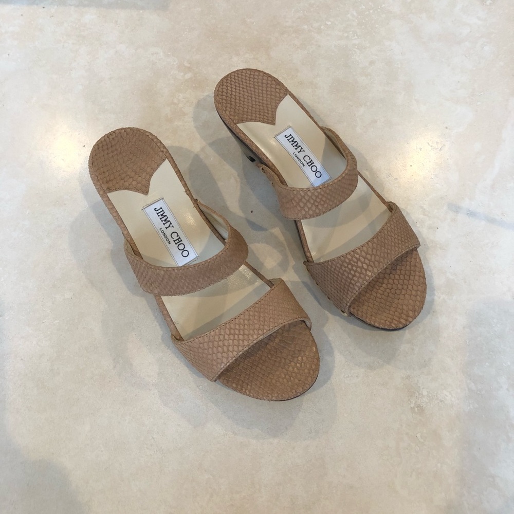 Jimmy Choo Tan Leather Studded Wedge Sandals